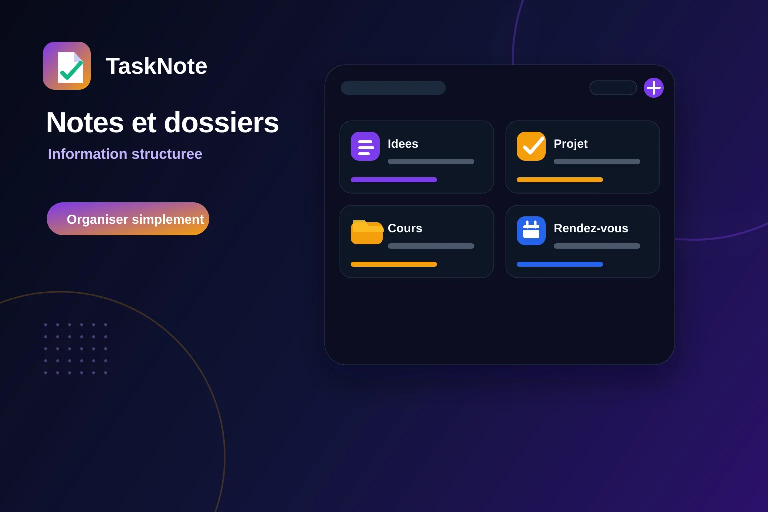 Aperçu des dossiers, notes, checklists et agenda dans TaskNote
