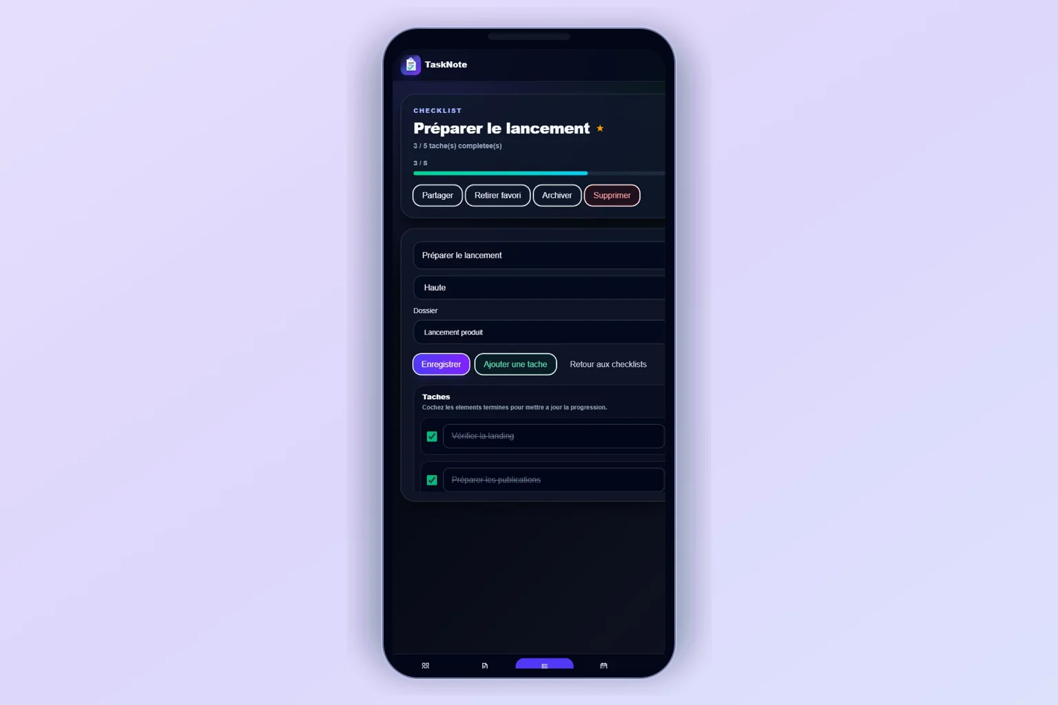 Interface mobile TaskNote affichant une checklist de lancement